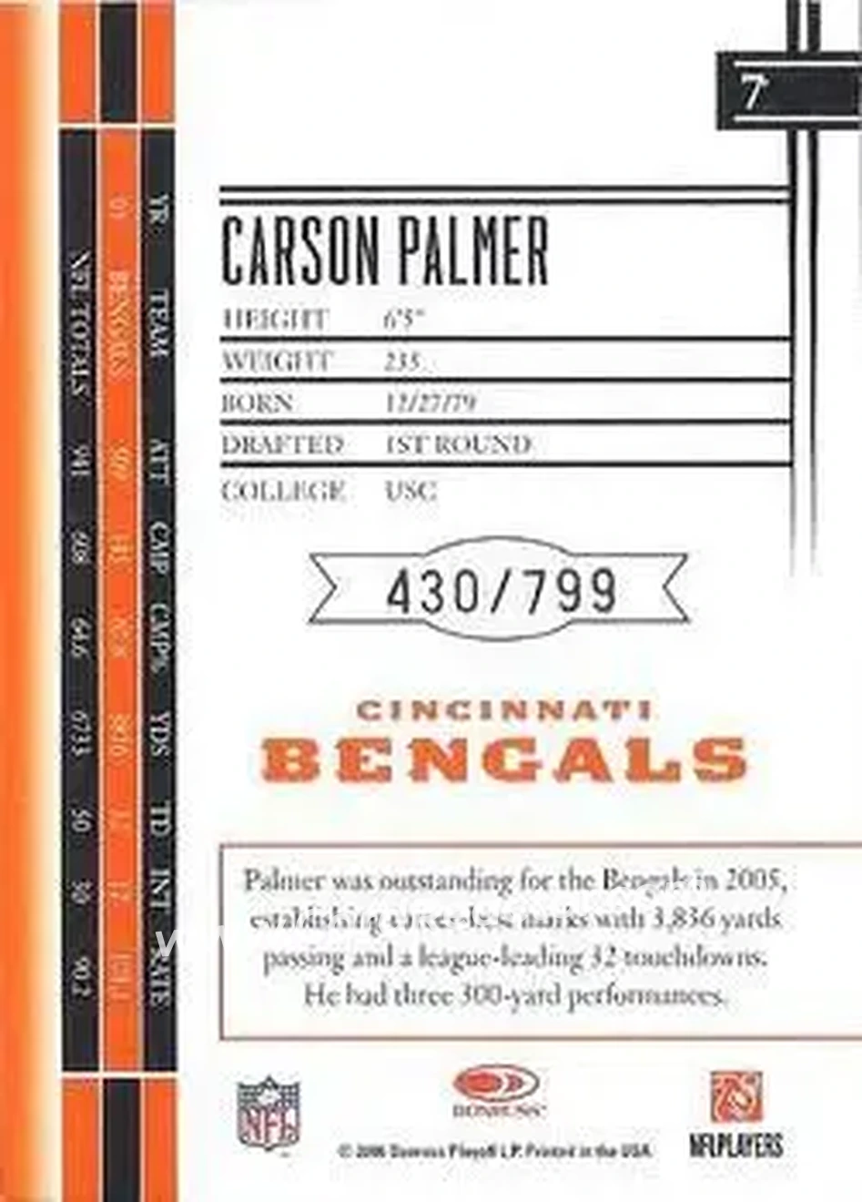 2006 Leaf Limited #7 - Carson Palmer - Cincinnati Bengals - Back