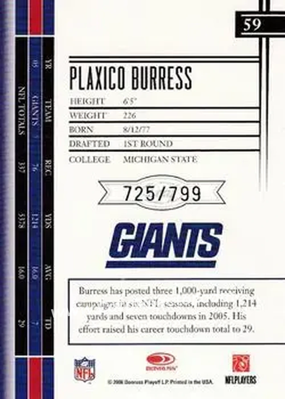 2006 Leaf Limited #59 - Plaxico Burress - New York Giants - Back