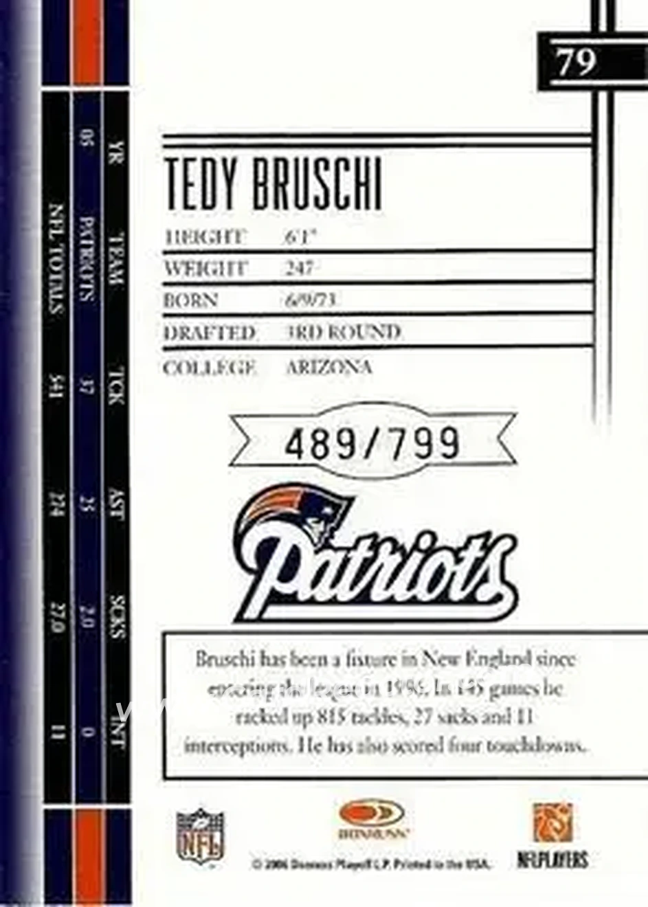 2006 Leaf Limited #79 - Tedy Bruschi - New England Patriots - Back