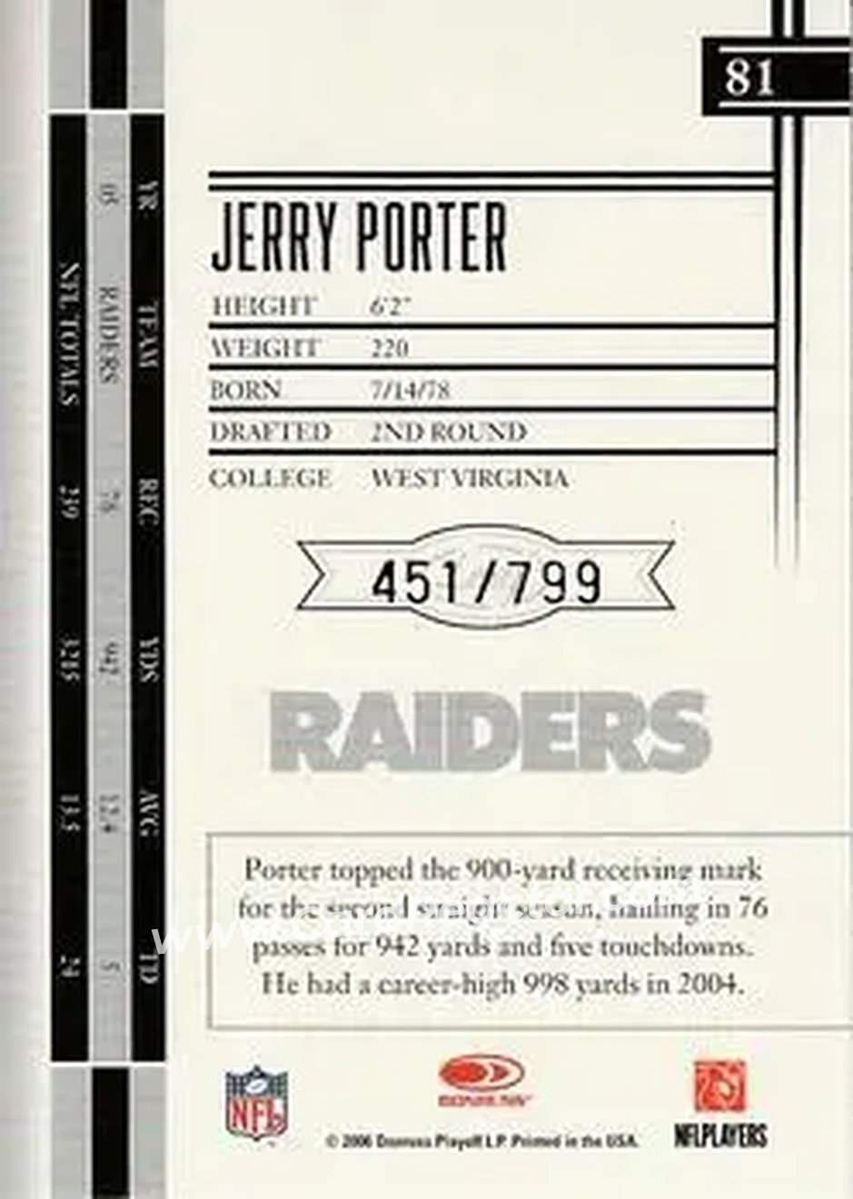 2006 Leaf Limited #81 - Jerry Porter - Oakland Raiders - Back