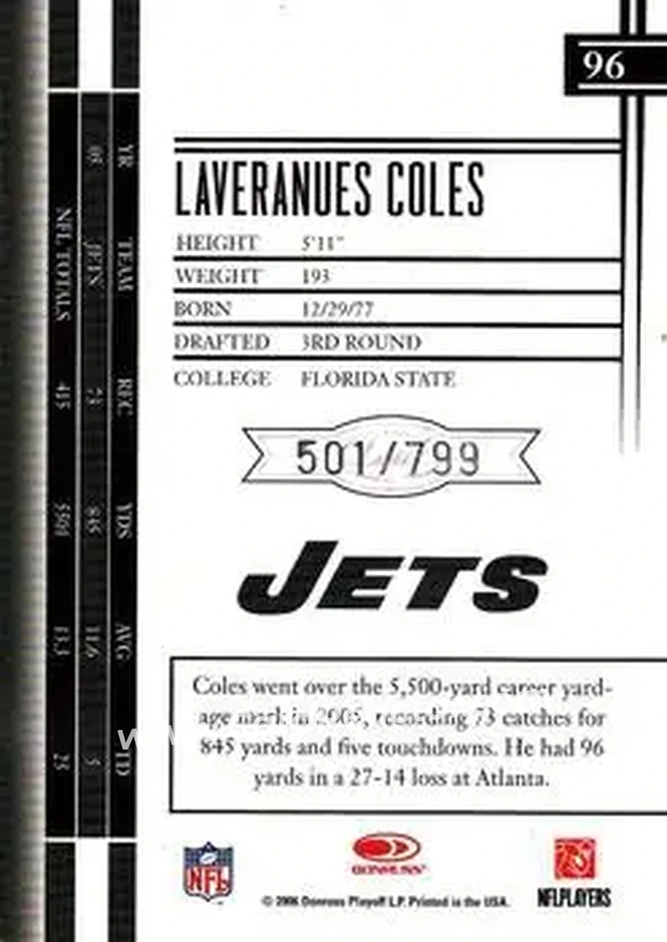 2006 Leaf Limited #96 - Laveranues Coles - New York Jets - Back