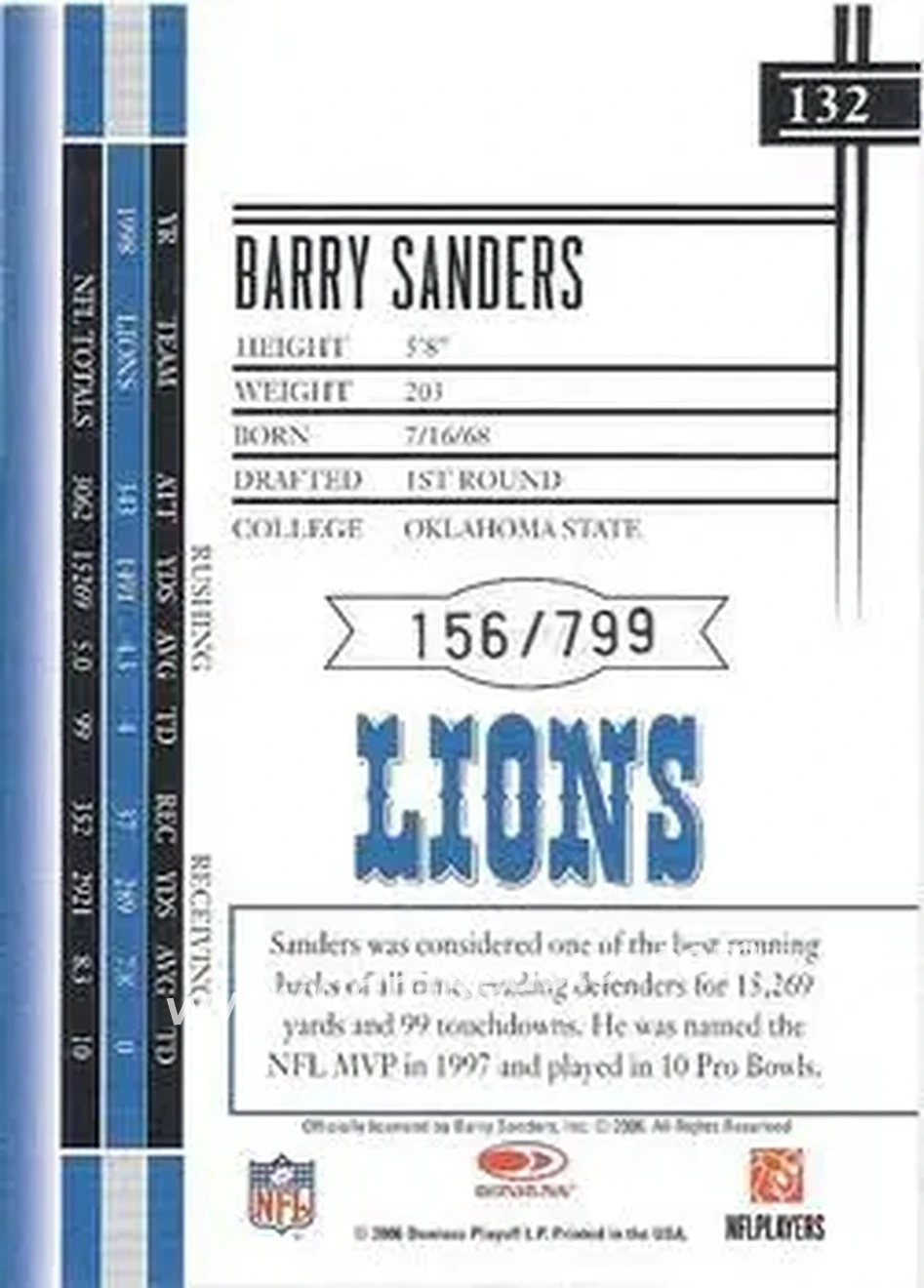 2006 Leaf Limited #132 - Barry Sanders - Detroit Lions - Back