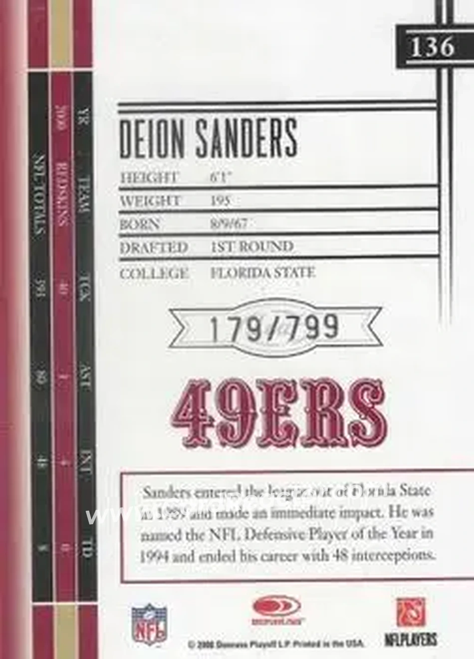 2006 Leaf Limited #136 - Deion Sanders - San Francisco 49ers - Back