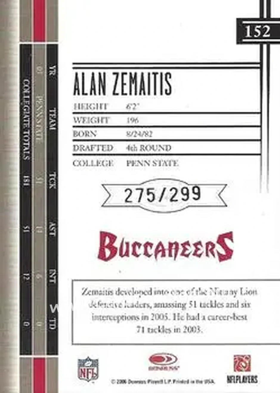 2006 Leaf Limited #152 - Alan Zemaitis - Tampa Bay Buccaneers - Back