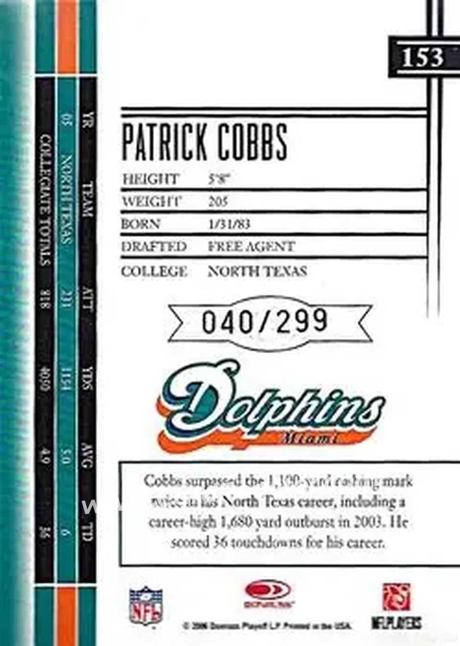 2006 Leaf Limited #153 - Patrick Cobbs - Miami Dolphins - Back