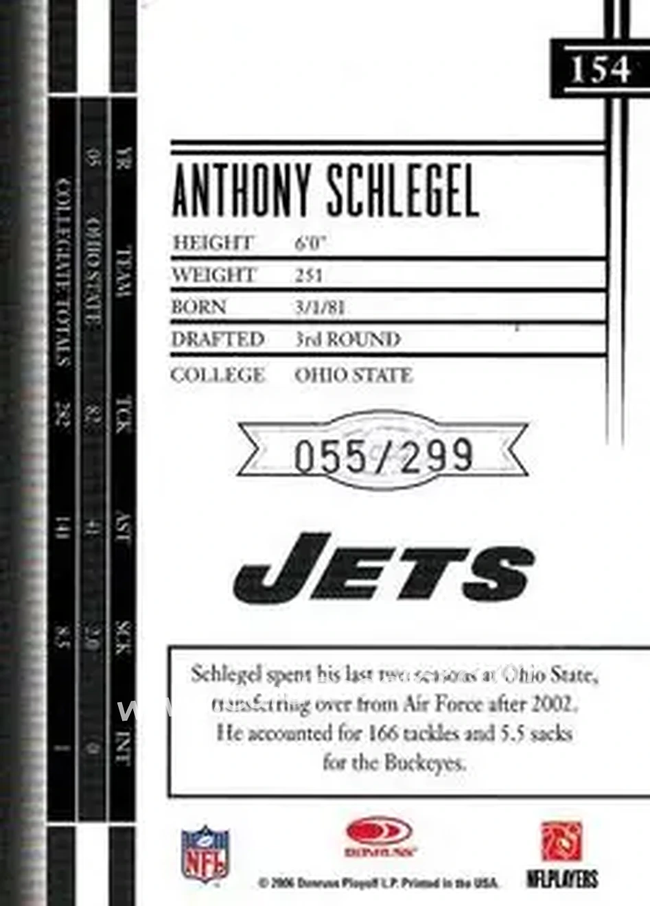 2006 Leaf Limited #154 - Anthony Schlegel - New York Jets - Back