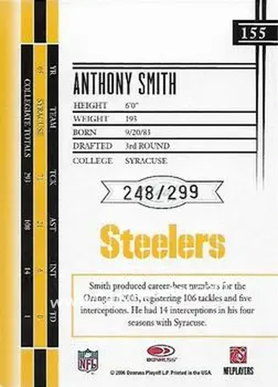 2006 Leaf Limited #155 - Anthony Smith - Pittsburgh Steelers - Back