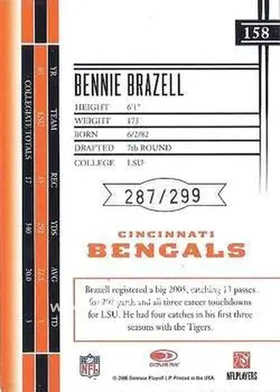 2006 Leaf Limited #158 - Bennie Brazell - Cincinnati Bengals - Back