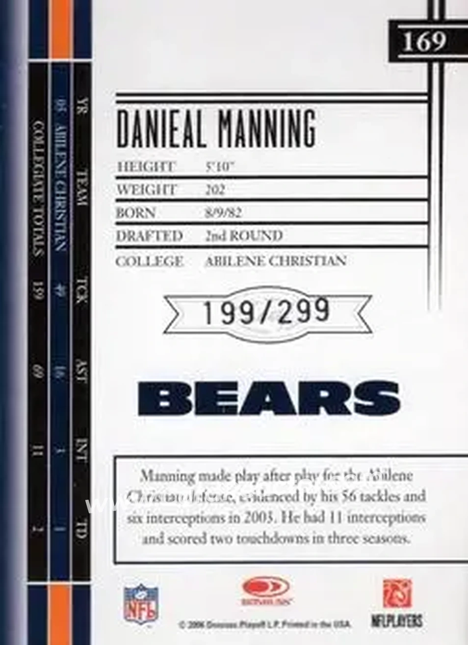 2006 Leaf Limited #169 - Danieal Manning - Chicago Bears - Back