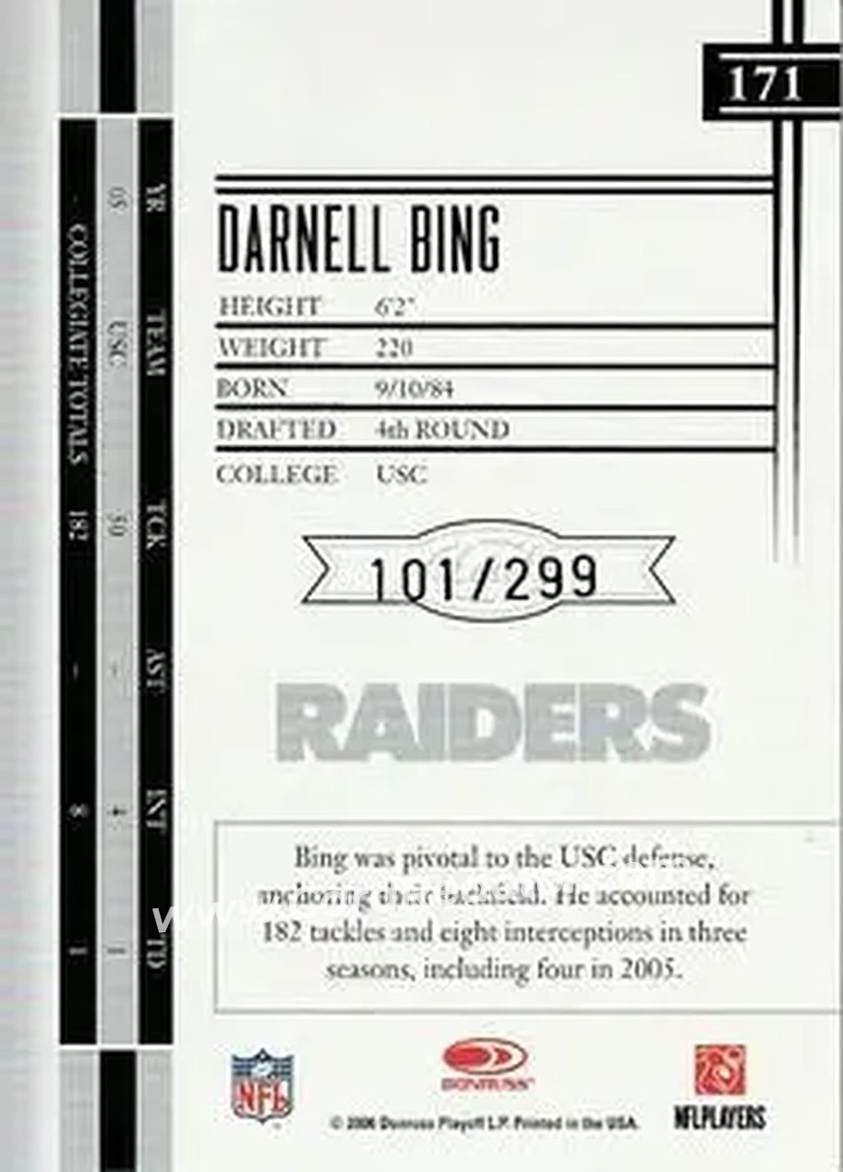 2006 Leaf Limited #171 - Darnell Bing - Oakland Raiders - Back