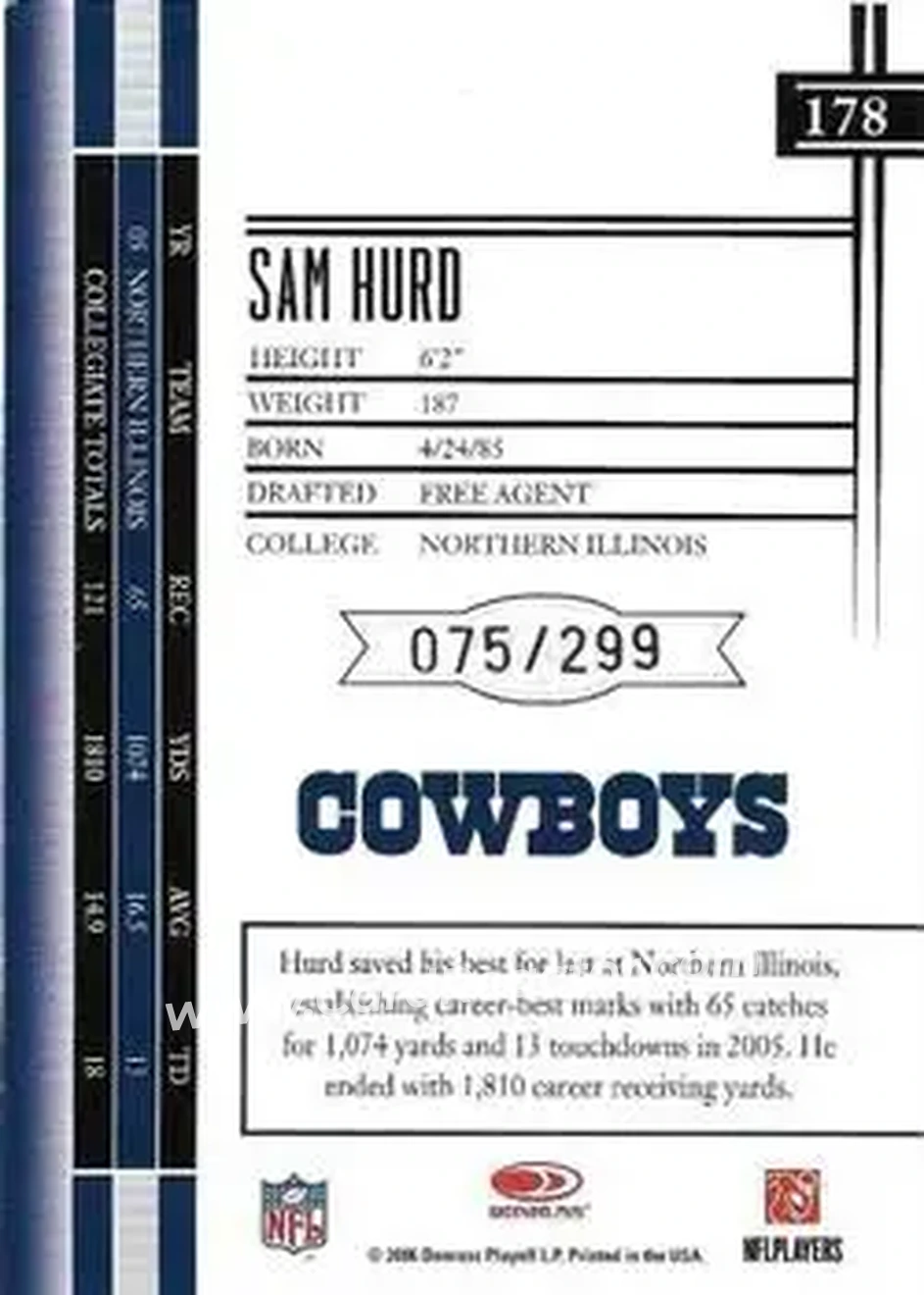 2006 Leaf Limited #178 - Sam Hurd - Dallas Cowboys - Back