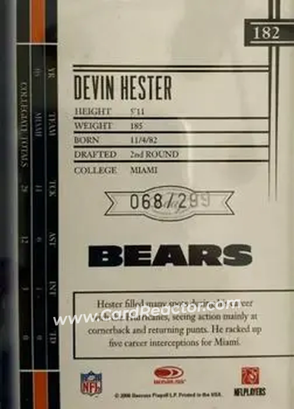 2006 Leaf Limited #182 - Devin Hester - Chicago Bears - Back