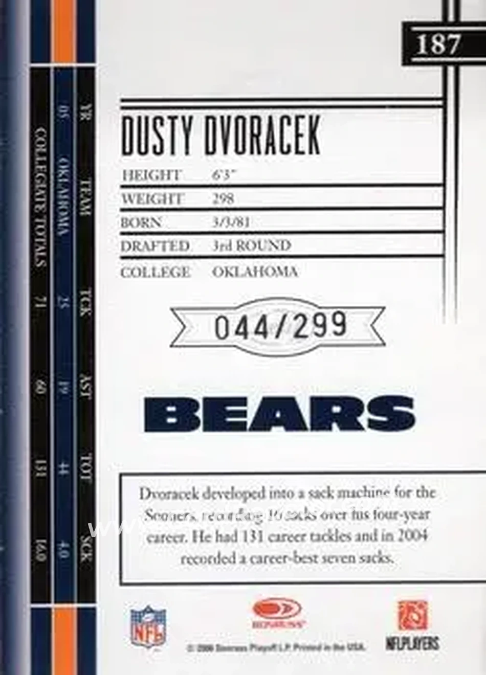 2006 Leaf Limited #187 - Dusty Dvoracek - Chicago Bears - Back