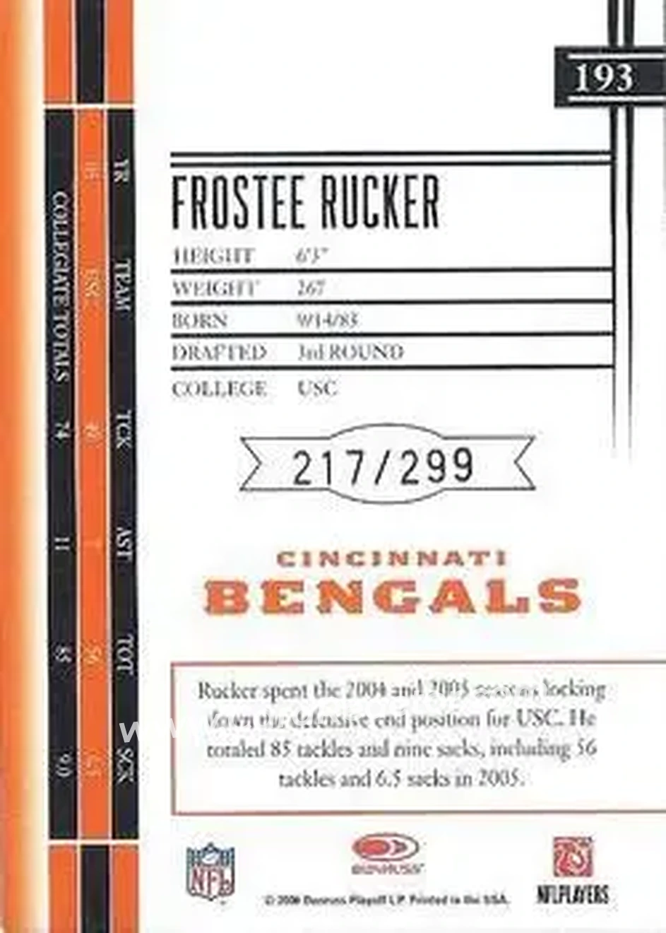 2006 Leaf Limited #193 - Frostee Rucker - Cincinnati Bengals - Back