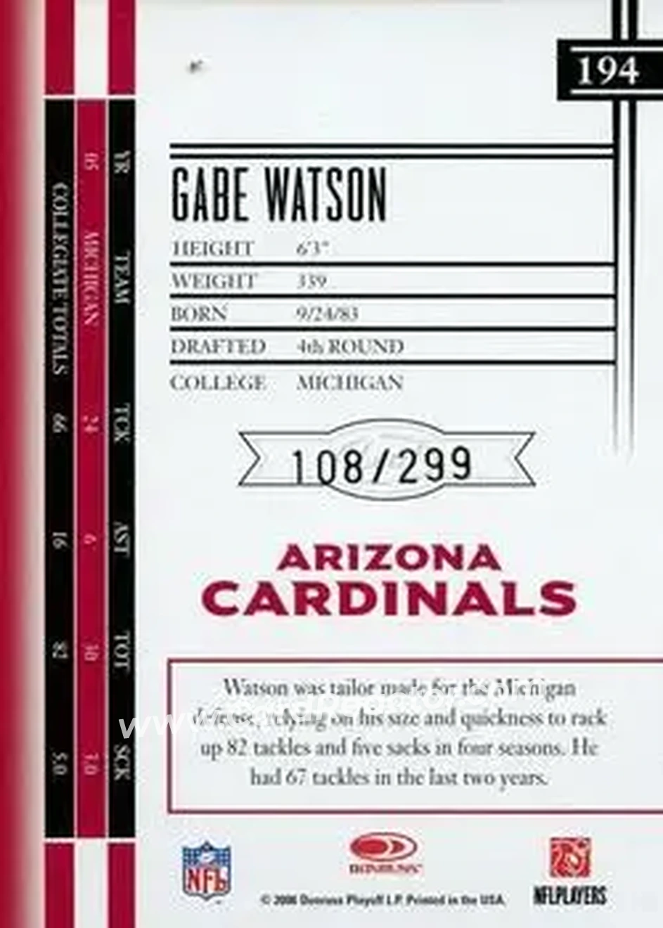 2006 Leaf Limited #194 - Gabe Watson - Arizona Cardinals - Back