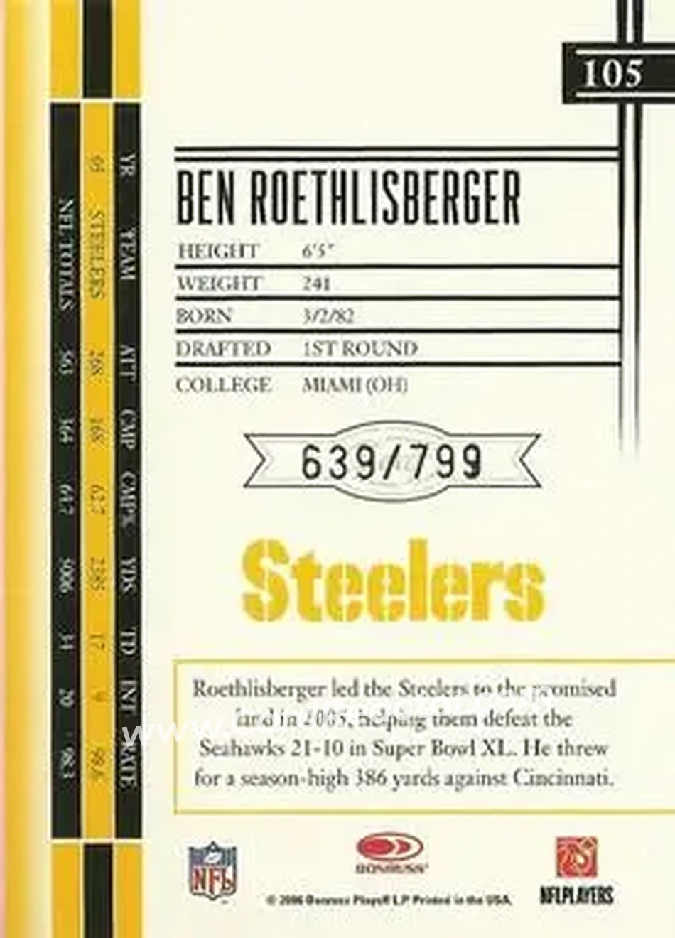 2006 Leaf Limited #105 - Ben Roethlisberger - Pittsburgh Steelers - Back