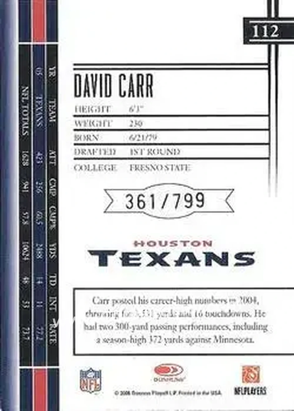2006 Leaf Limited #112 - David Carr - Houston Texans - Back