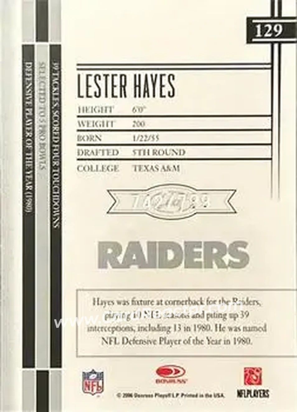 2006 Leaf Limited #129 - Lester Hayes - Los Angeles Raiders - Back