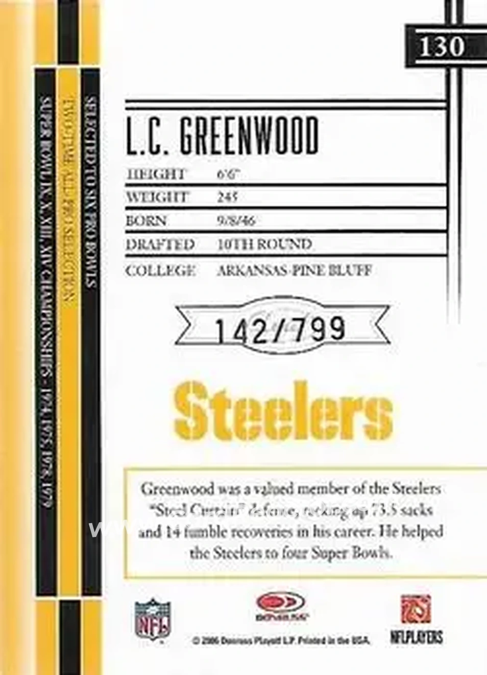 2006 Leaf Limited #130 - L.C. Greenwood - Pittsburgh Steelers - Back