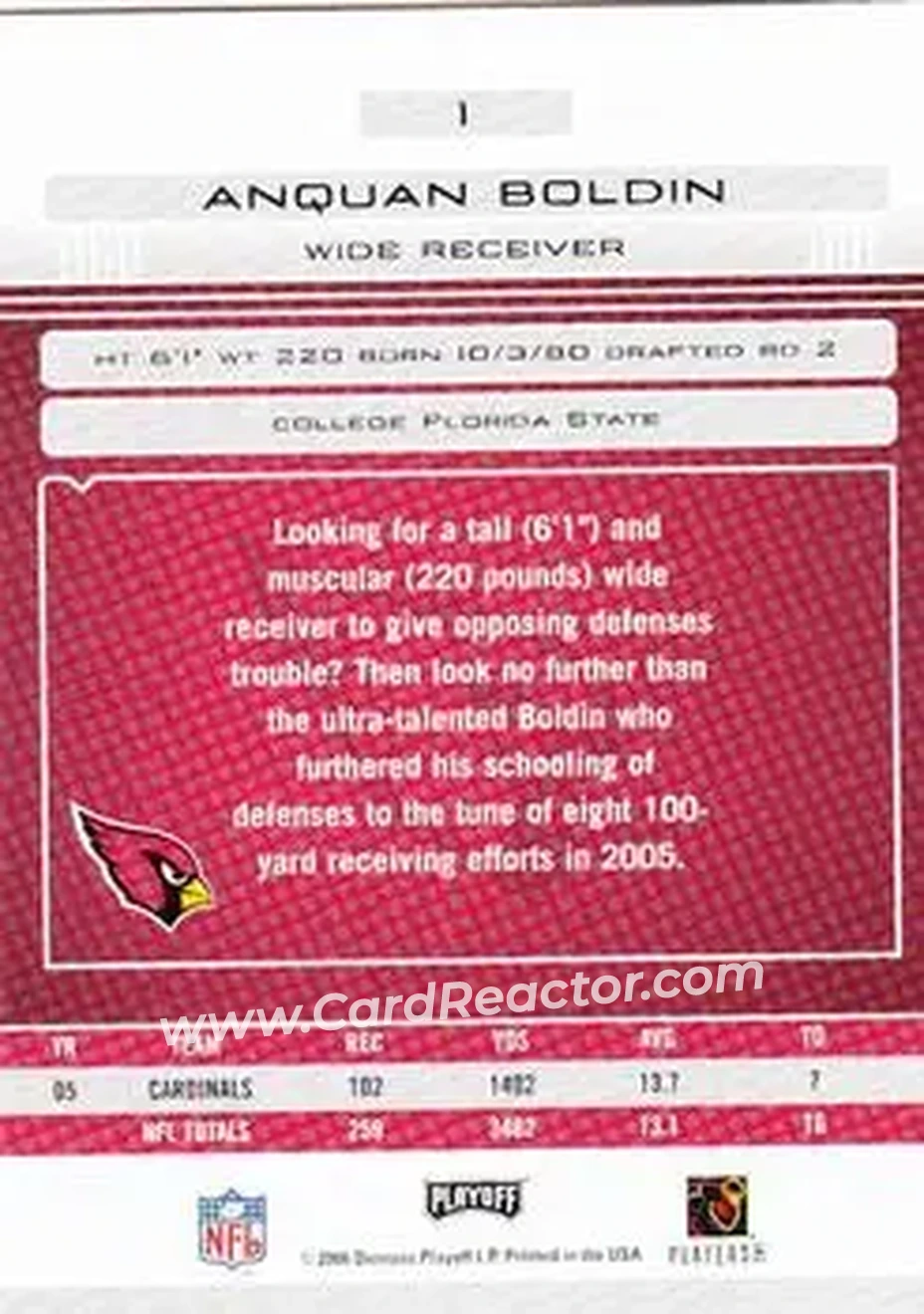 2006 Playoff Absolute Memorabilia #1 - Anquan Boldin - Arizona Cardinals - Back