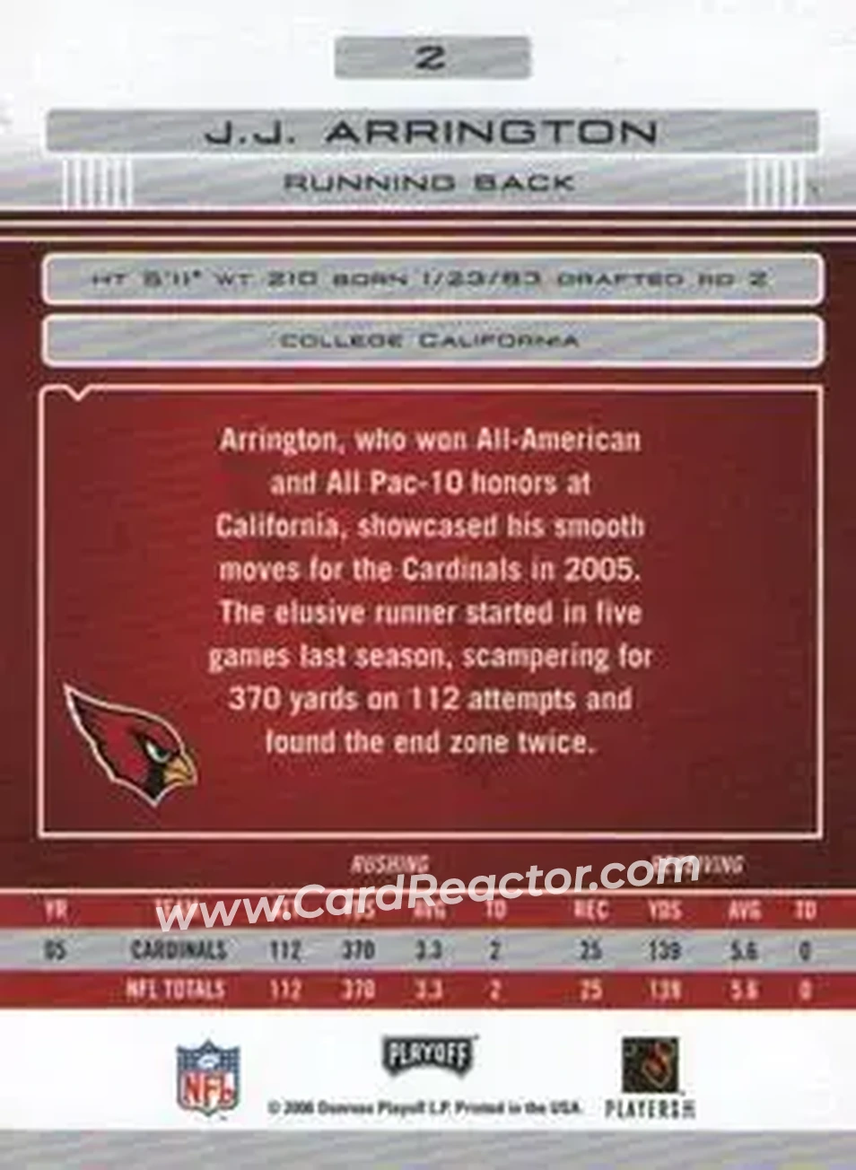2006 Playoff Absolute Memorabilia #2 - J.J. Arrington - Arizona Cardinals - Back 2006 Playoff Absolute Memorabilia #2 - J.J. Arrington - Arizona Cardinals - Back