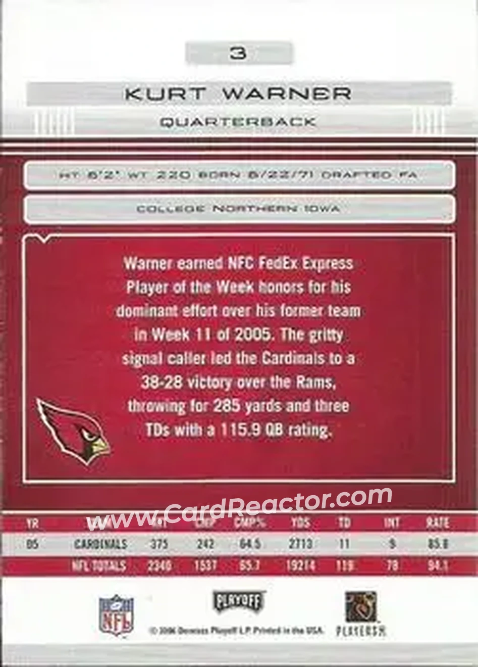 2006 Playoff Absolute Memorabilia #3 - Kurt Warner - Arizona Cardinals - Back