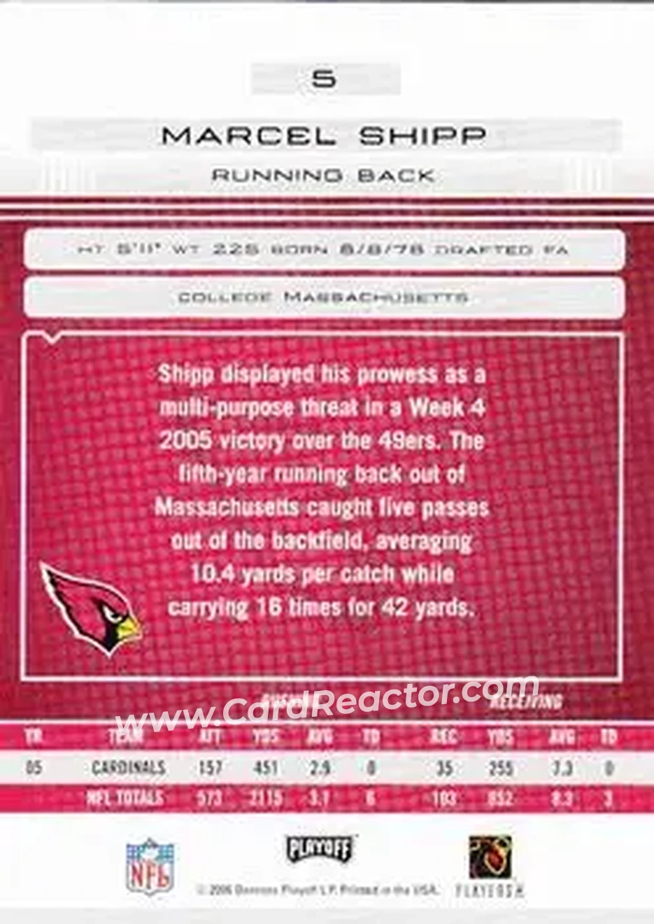 2006 Playoff Absolute Memorabilia #5 - Marcel Shipp - Arizona Cardinals - Back