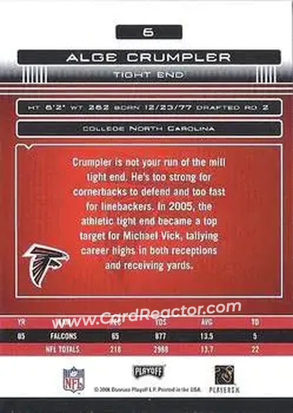 2006 Playoff Absolute Memorabilia #6 - Alge Crumpler - Atlanta Falcons - Back 2006 Playoff Absolute Memorabilia #6 - Alge Crumpler - Atlanta Falcons - Back