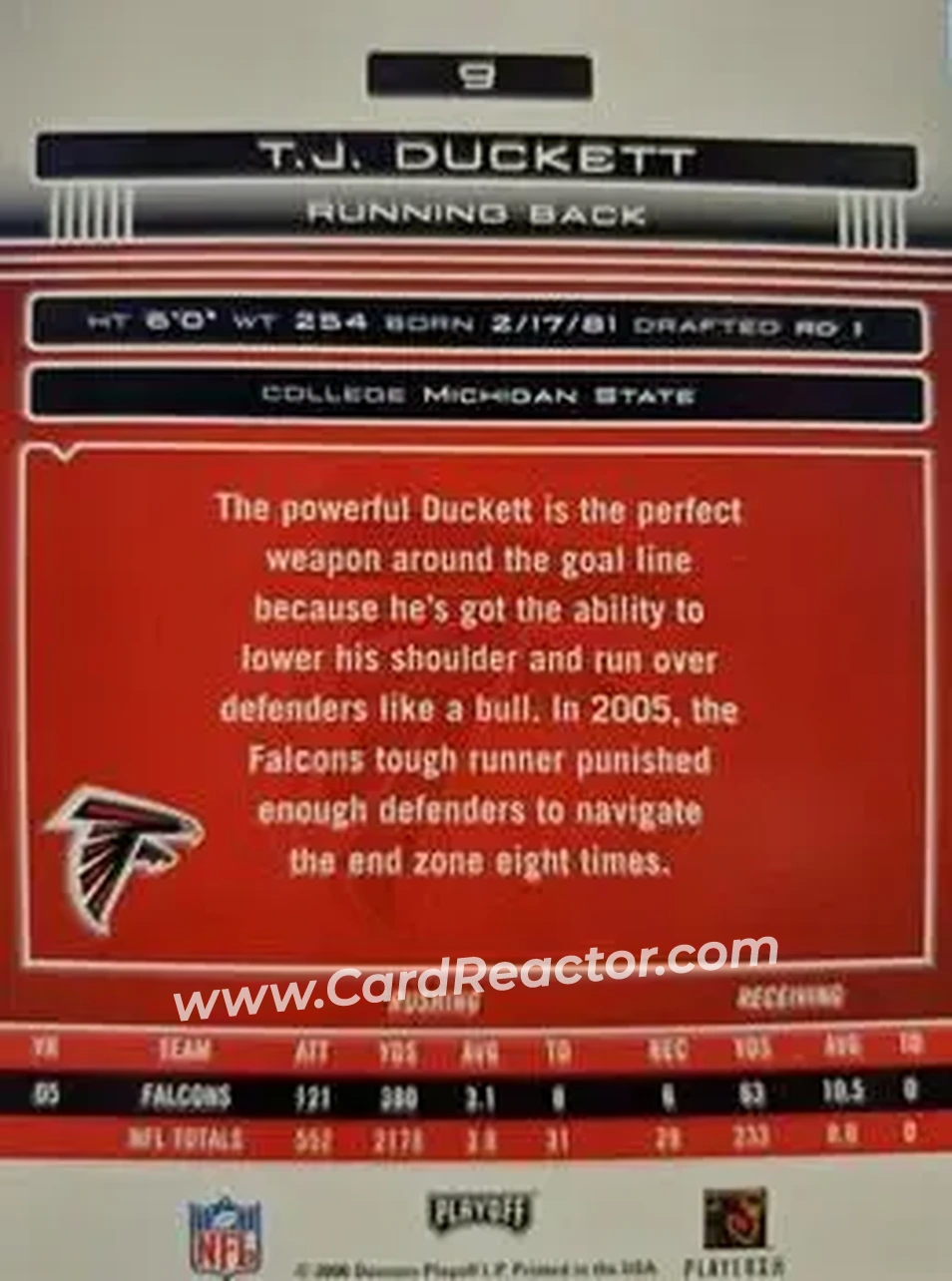 2006 Playoff Absolute Memorabilia #9 - T.J. Duckett - Atlanta Falcons - Back 2006 Playoff Absolute Memorabilia #9 - T.J. Duckett - Atlanta Falcons - Back