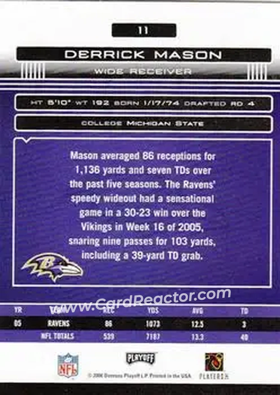 2006 Playoff Absolute Memorabilia #11 - Derrick Mason - Baltimore Ravens - Back 2006 Playoff Absolute Memorabilia #11 - Derrick Mason - Baltimore Ravens - Back