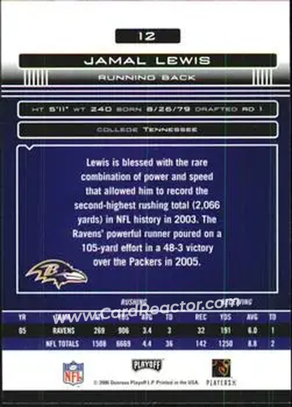2006 Playoff Absolute Memorabilia #12 - Jamal Lewis - Baltimore Ravens - Back 2006 Playoff Absolute Memorabilia #12 - Jamal Lewis - Baltimore Ravens - Back