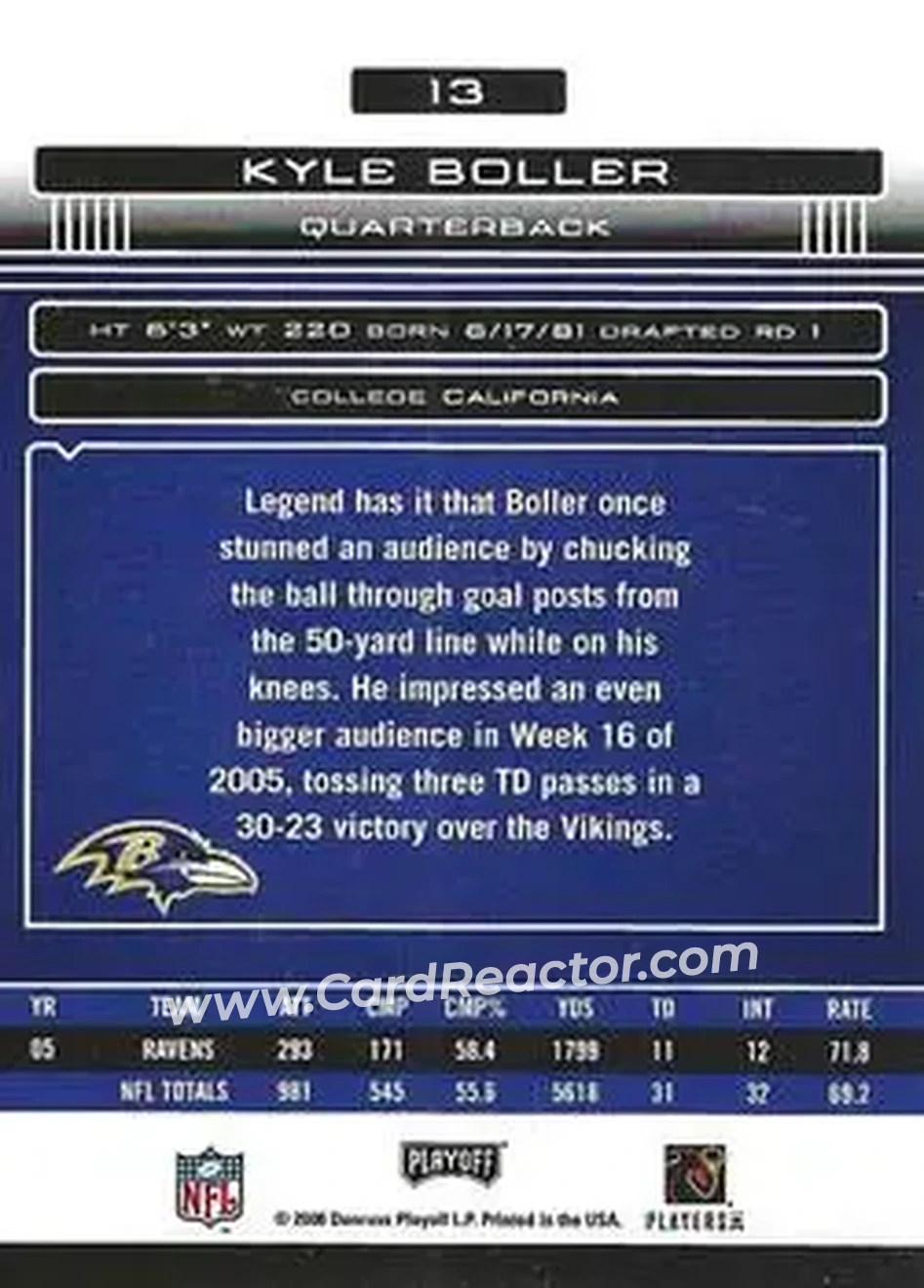 2006 Playoff Absolute Memorabilia #13 - Kyle Boller - Baltimore Ravens - Back