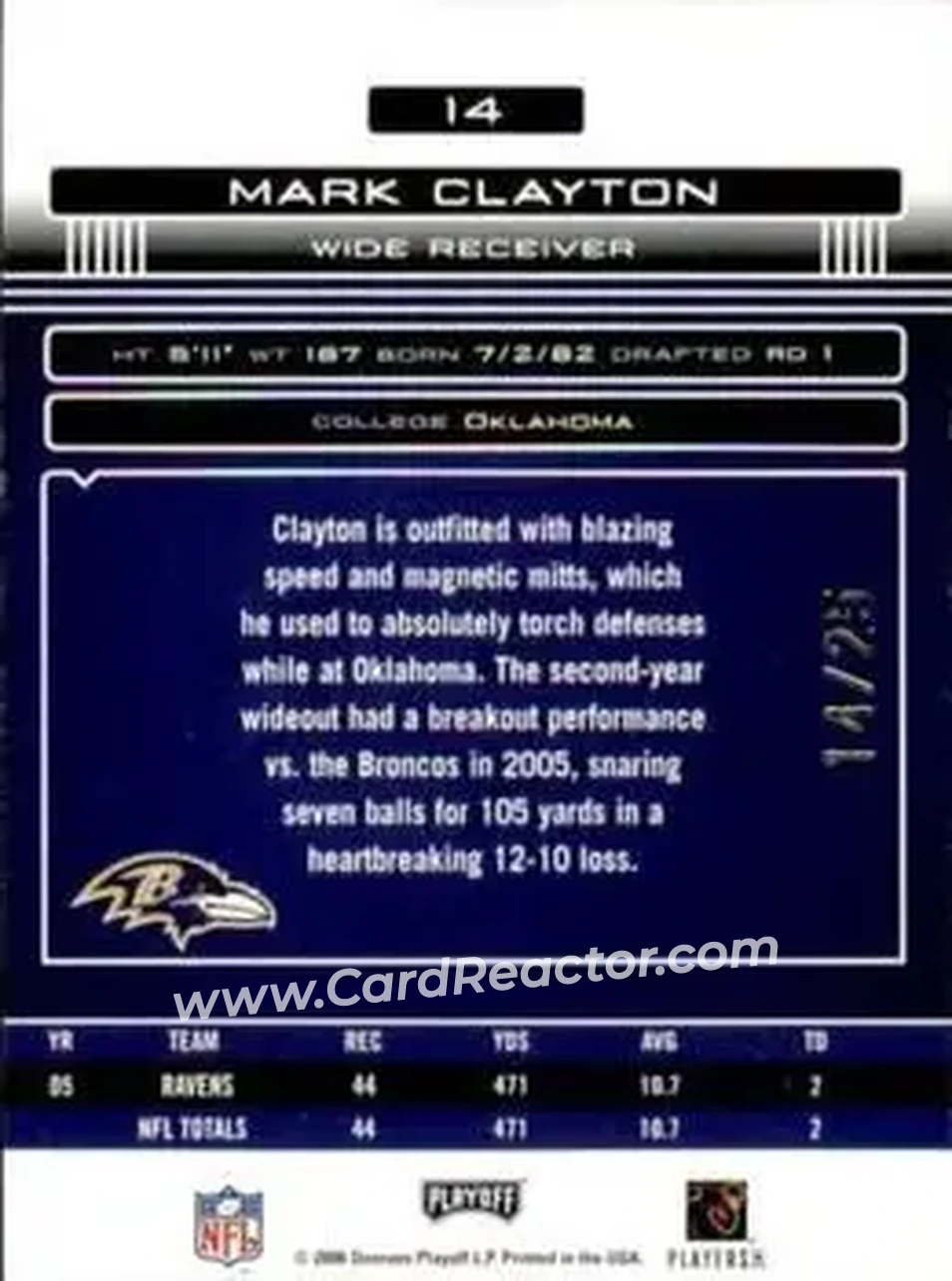 2006 Playoff Absolute Memorabilia #14 - Mark Clayton - Baltimore Ravens - Back 2006 Playoff Absolute Memorabilia #14 - Mark Clayton - Baltimore Ravens - Back