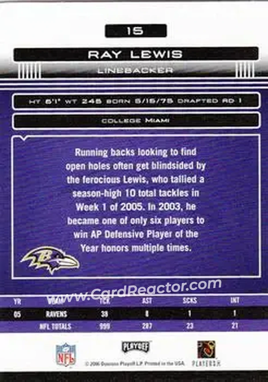 2006 Playoff Absolute Memorabilia #15 - Ray Lewis - Baltimore Ravens - Back 2006 Playoff Absolute Memorabilia #15 - Ray Lewis - Baltimore Ravens - Back