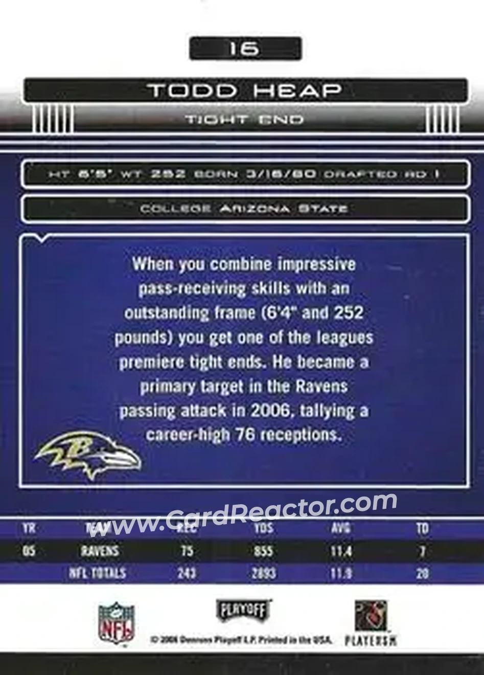 2006 Playoff Absolute Memorabilia #16 - Todd Heap - Baltimore Ravens - Back 2006 Playoff Absolute Memorabilia #16 - Todd Heap - Baltimore Ravens - Back