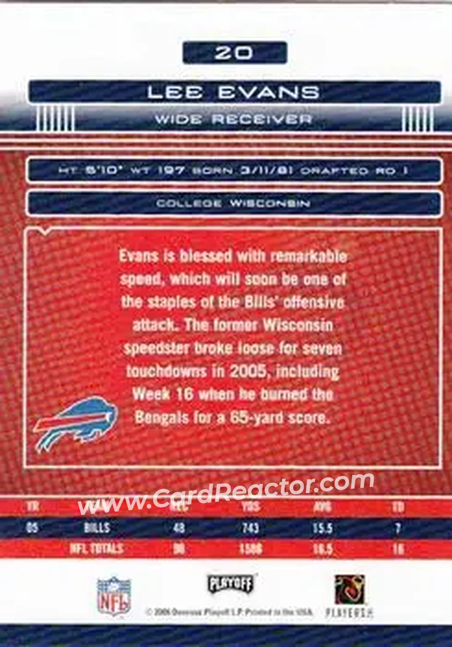 2006 Playoff Absolute Memorabilia #20 - Lee Evans - Buffalo Bills - Back