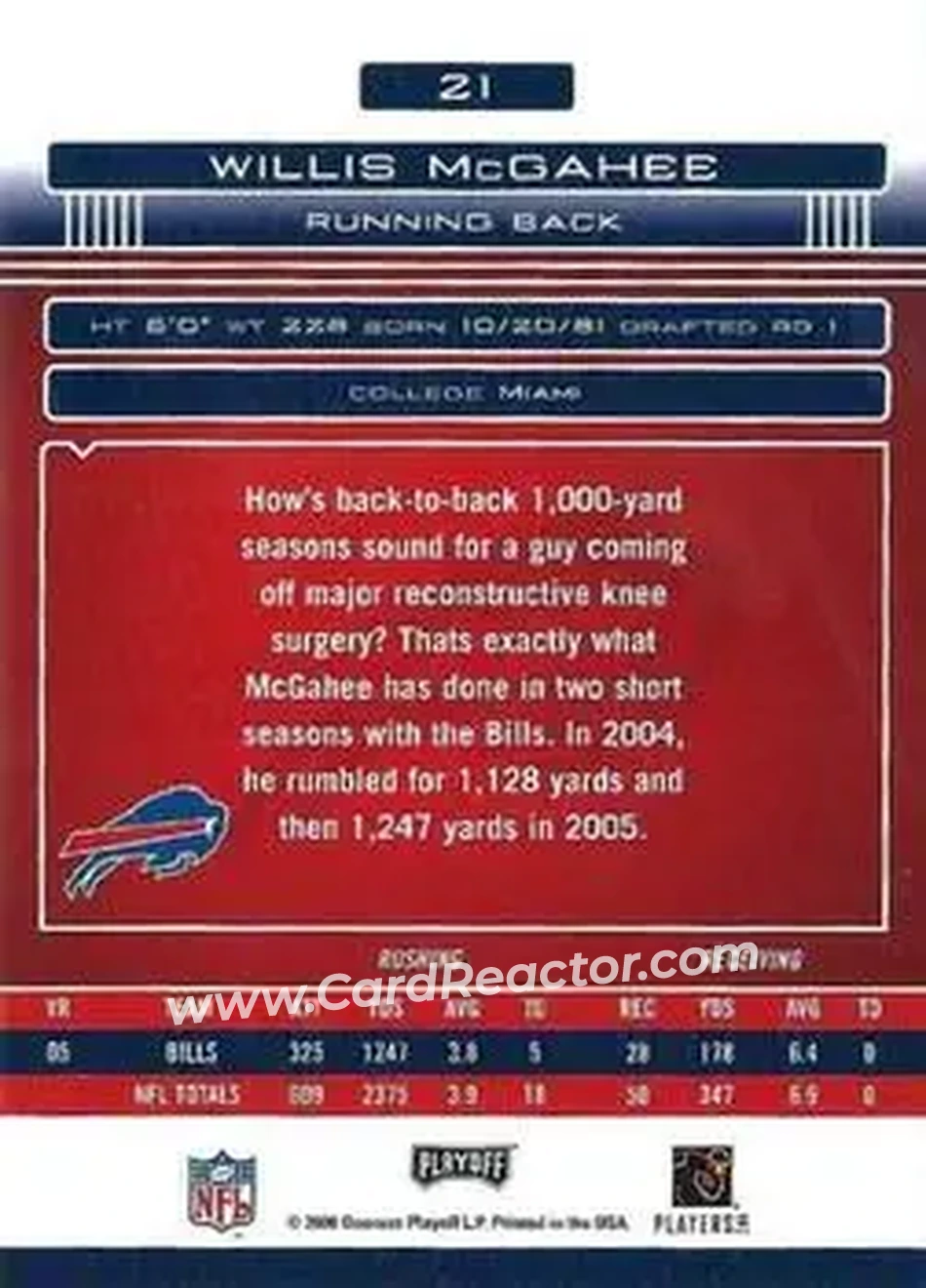2006 Playoff Absolute Memorabilia #21 - Willis McGahee - Buffalo Bills - Back 2006 Playoff Absolute Memorabilia #21 - Willis McGahee - Buffalo Bills - Back