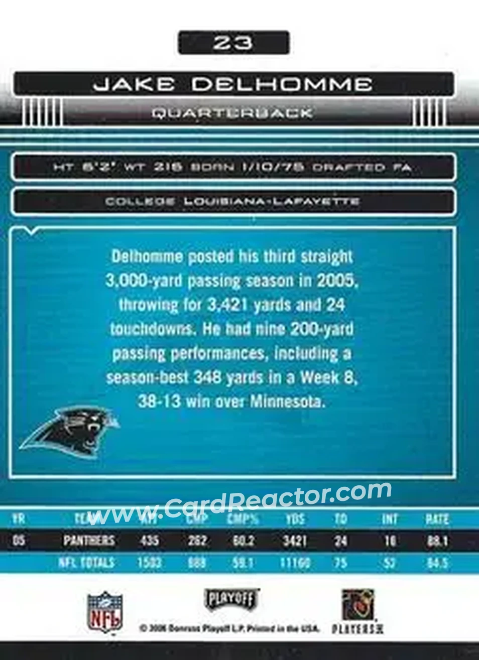 2006 Playoff Absolute Memorabilia #23 - Jake Delhomme - Carolina Panthers - Back 2006 Playoff Absolute Memorabilia #23 - Jake Delhomme - Carolina Panthers - Back