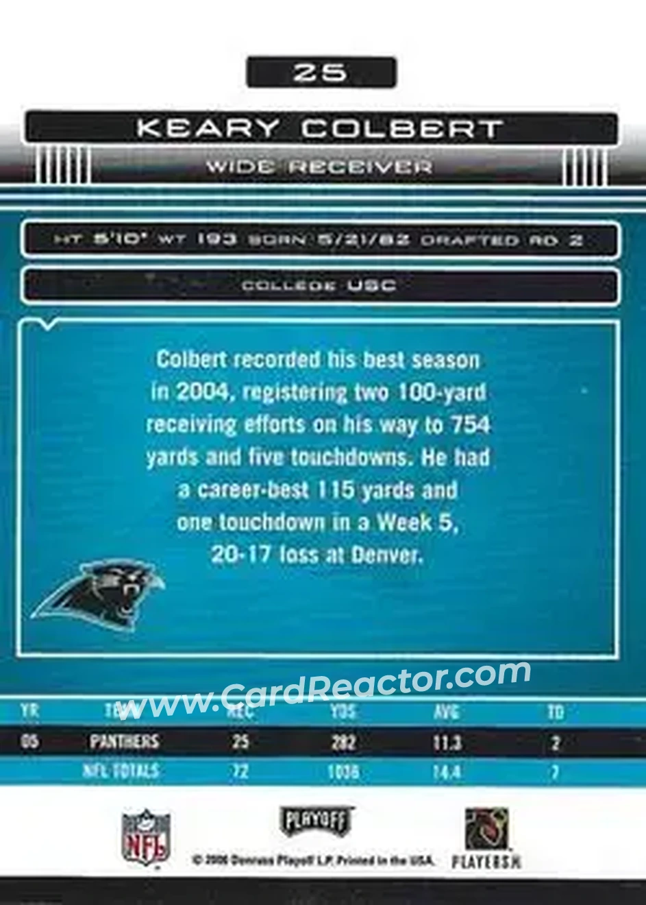 2006 Playoff Absolute Memorabilia #25 - Keary Colbert - Carolina Panthers - Back