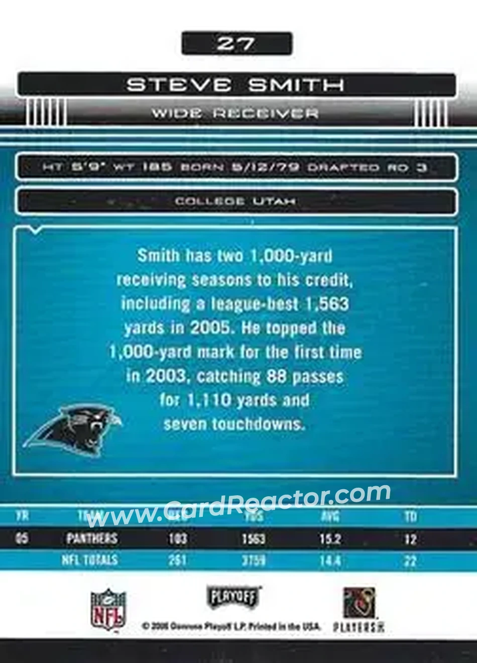 2006 Playoff Absolute Memorabilia #27 - Steve Smith Sr. - Carolina Panthers - Back 2006 Playoff Absolute Memorabilia #27 - Steve Smith Sr. - Carolina Panthers - Back