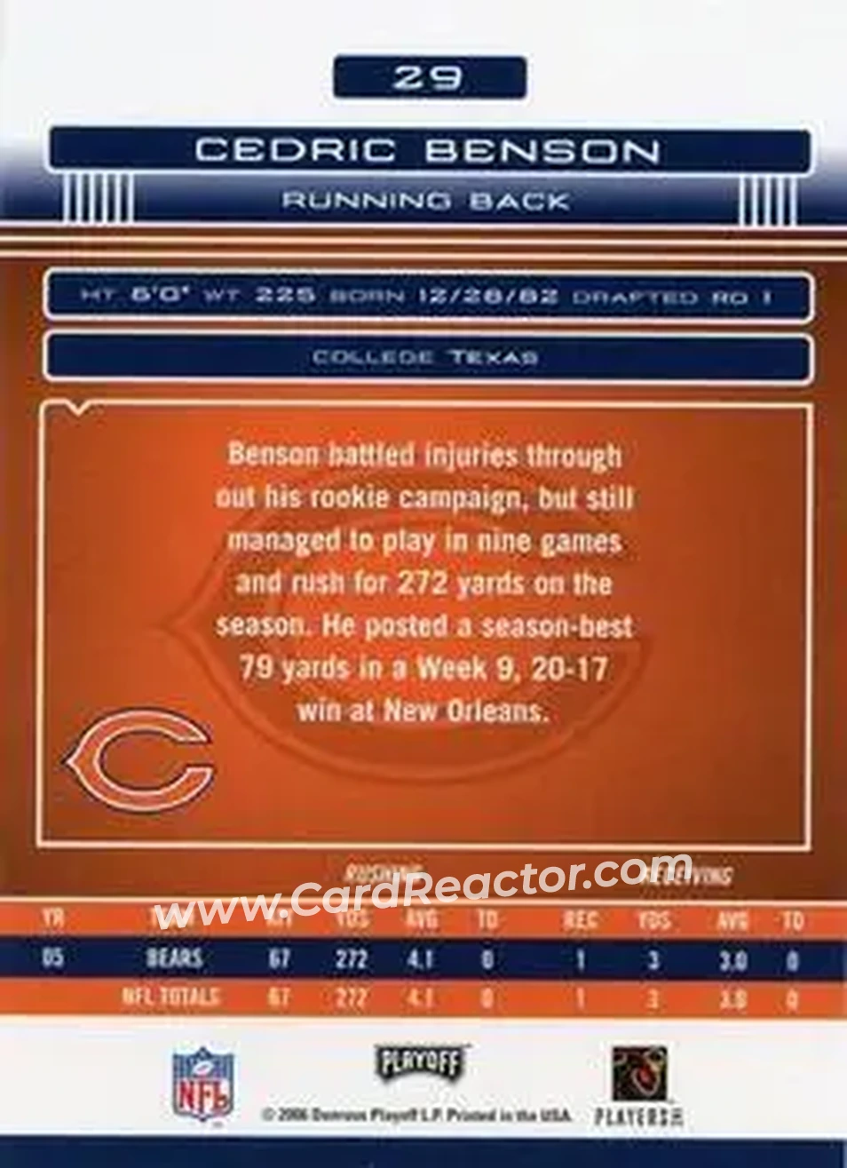 2006 Playoff Absolute Memorabilia #29 - Cedric Benson - Chicago Bears - Back