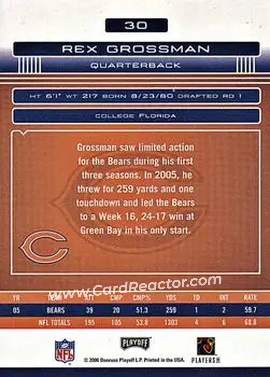 2006 Playoff Absolute Memorabilia #30 - Rex Grossman - Chicago Bears - Back