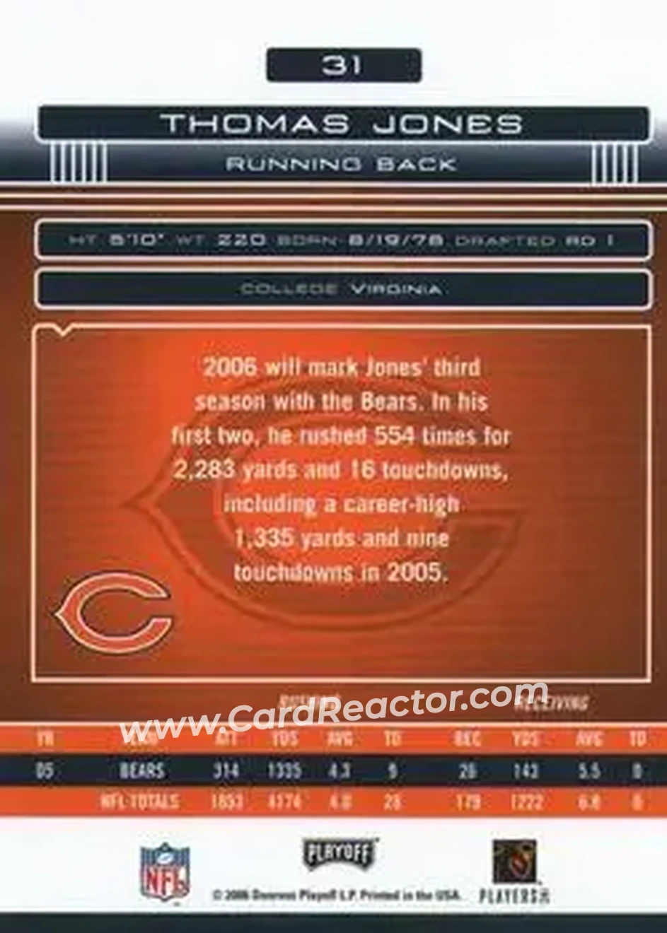 2006 Playoff Absolute Memorabilia #31 - Thomas Jones - Chicago Bears - Back