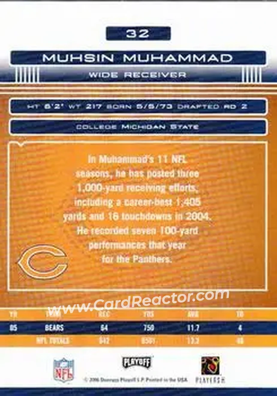 2006 Playoff Absolute Memorabilia #32 - Muhsin Muhammad - Chicago Bears - Back