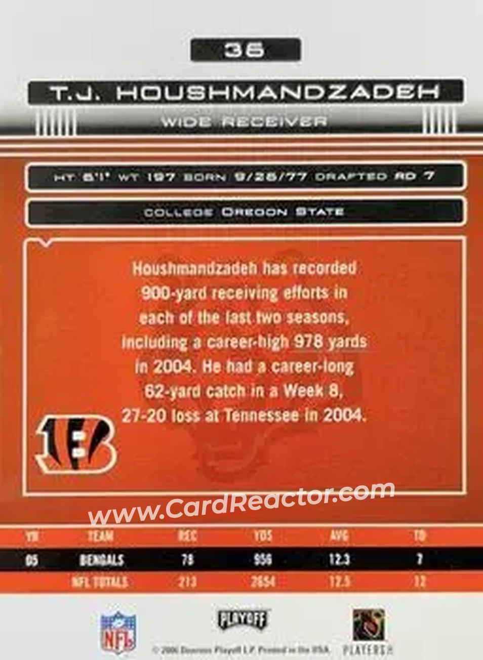 2006 Playoff Absolute Memorabilia #36 - T.J. Houshmandzadeh - Cincinnati Bengals - Back 2006 Playoff Absolute Memorabilia #36 - T.J. Houshmandzadeh - Cincinnati Bengals - Back