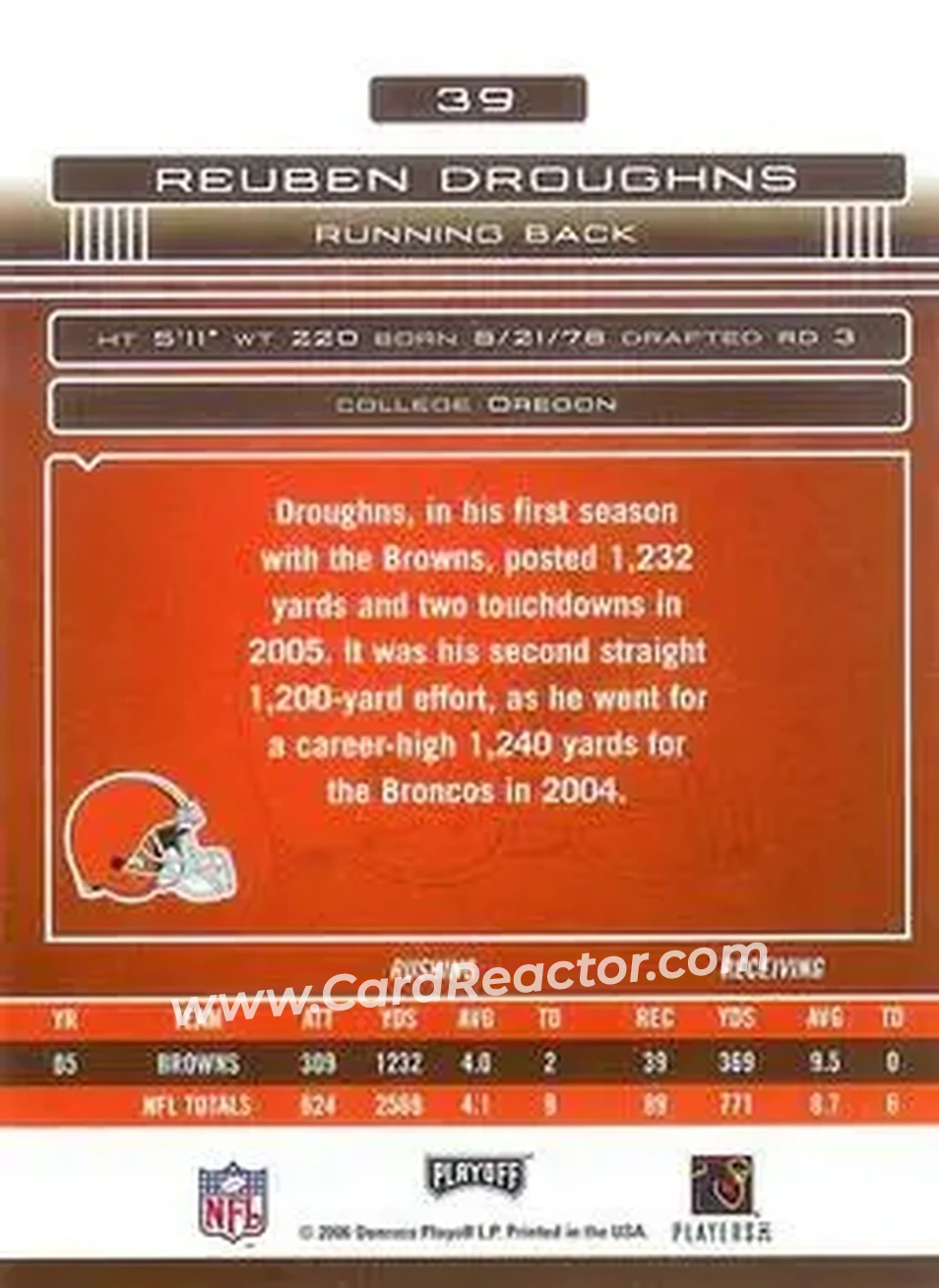 2006 Playoff Absolute Memorabilia #39 - Reuben Droughns - Cleveland Browns - Back 2006 Playoff Absolute Memorabilia #39 - Reuben Droughns - Cleveland Browns - Back