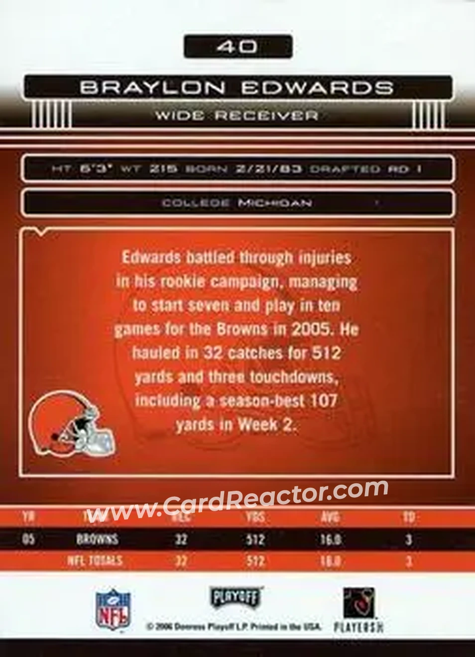 2006 Playoff Absolute Memorabilia #40 - Braylon Edwards - Cleveland Browns - Back 2006 Playoff Absolute Memorabilia #40 - Braylon Edwards - Cleveland Browns - Back