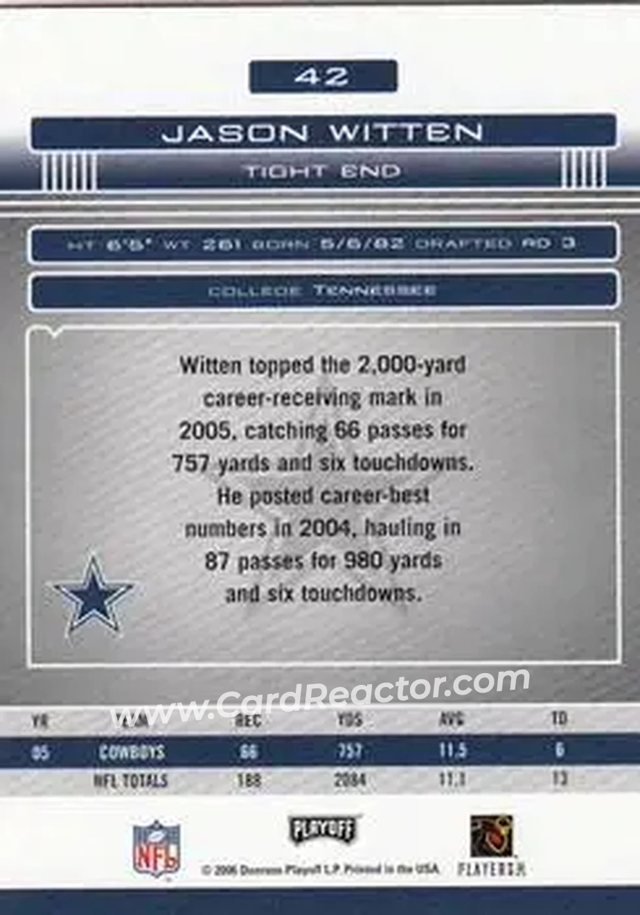 2006 Playoff Absolute Memorabilia #42 - Jason Witten - Dallas Cowboys - Back