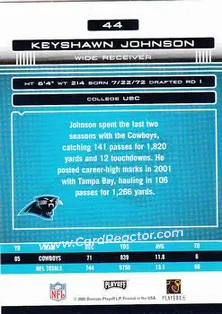 2006 Playoff Absolute Memorabilia #44 - Keyshawn Johnson - Carolina Panthers - Back 2006 Playoff Absolute Memorabilia #44 - Keyshawn Johnson - Carolina Panthers - Back