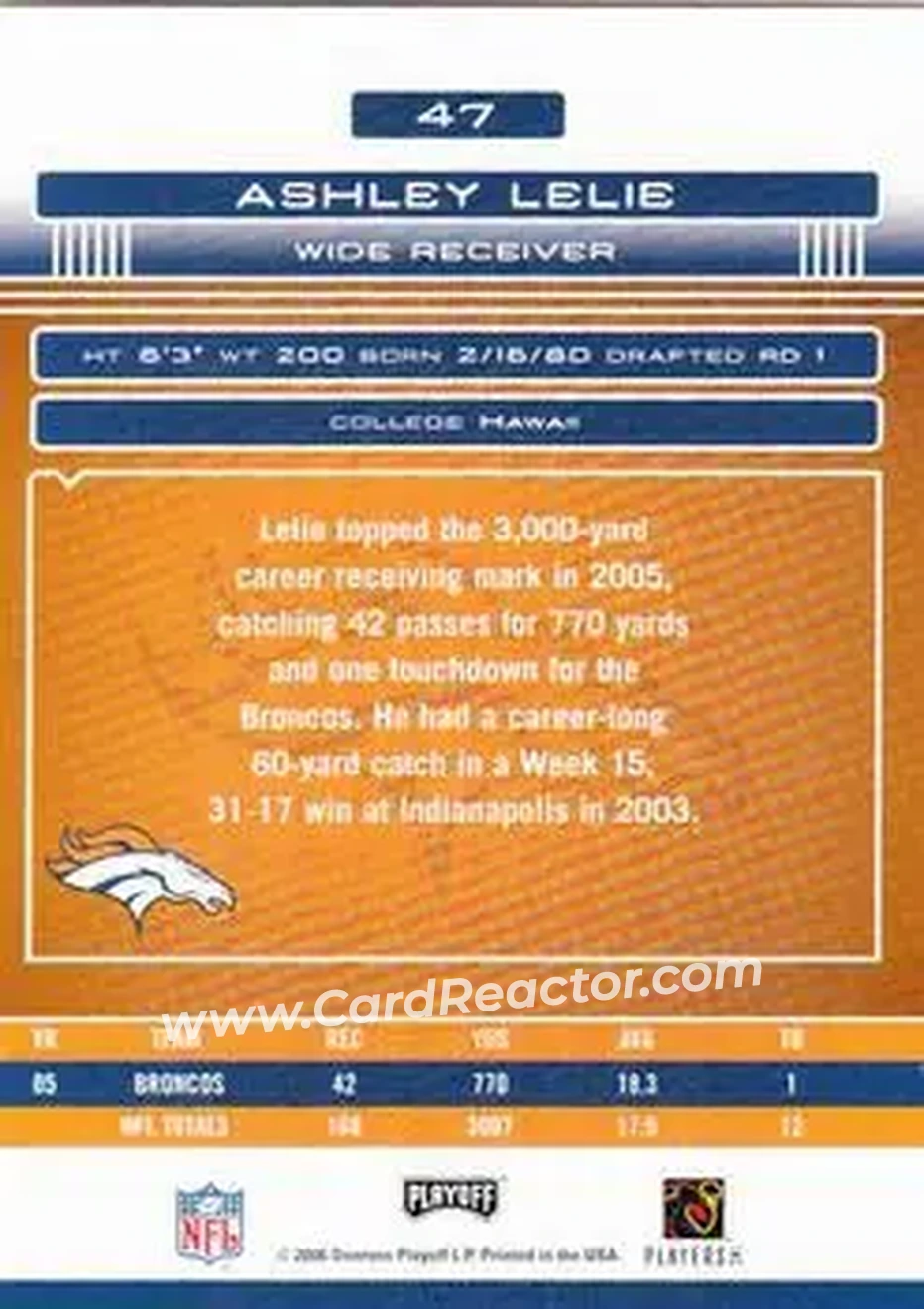 2006 Playoff Absolute Memorabilia #47 - Ashley Lelie - Denver Broncos - Back 2006 Playoff Absolute Memorabilia #47 - Ashley Lelie - Denver Broncos - Back